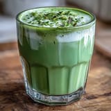 A vibrant matcha oat milk latte, artfully frothed and naturally green.