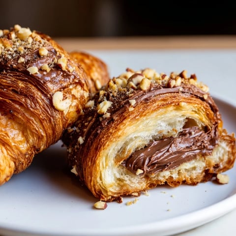 Warm air-fried Nutella croissants, with melted chocolate and crispy, golden edges—a sweet treat.
