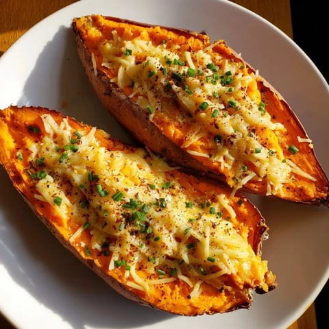 Whole roasted Sweet Potato & Cheese, cheesy and flavorful, ready to be enjoyed as a hearty meal.