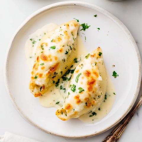 Golden-baked Chicken Alfredo Stuffed Shells in a dish, topped with bubbly mozzarella and fresh parsley, ready to serve.