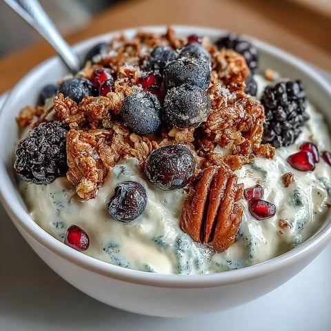 Creamy yogurt bowl topped with vibrant winter berries and a spiced crunch of cinnamon and ginger.