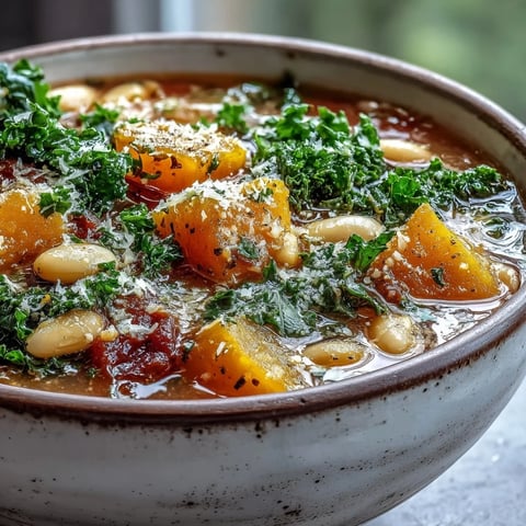 Homemade Winter Minestrone Soup with kale and butternut squash in a rustic bowl, served with crusty bread.