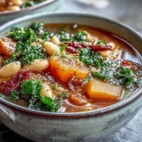 A close-up photo of Winter Minestrone Soup with Butternut Squash and Kale, showing tender vegetables in a rich tomato broth.