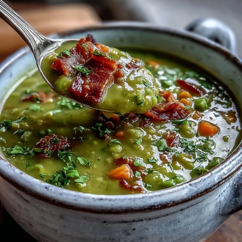 Thick, savory Split Pea and Ham Soup simmered with carrots, celery, and tender ham pieces.