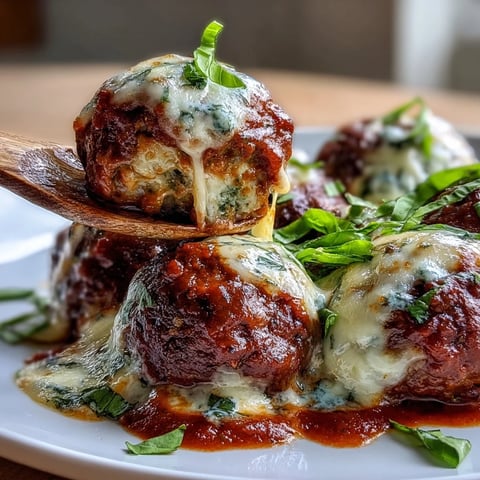 Golden-brown, cheesy meatballs simmer in a rich, garlicky marinara sauce, ready to serve over pasta.