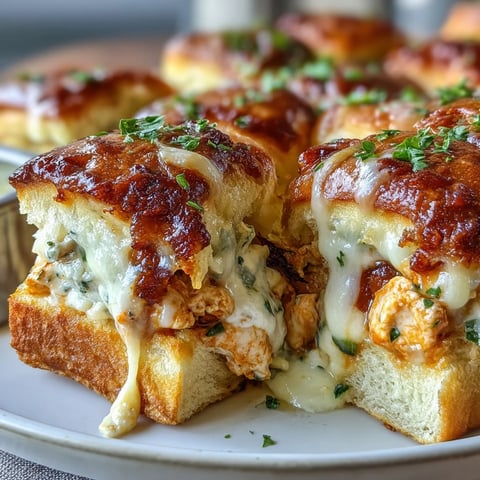 Golden-brown Pizza Dip Sliders fresh from the oven, featuring soft Hawaiian rolls stuffed with creamy Buffalo chicken and melted mozzarella.