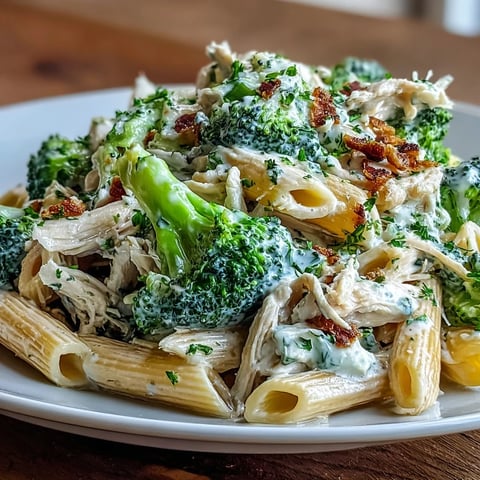 Bright broccoli florets and tender shredded rotisserie chicken tossed in a creamy Greek yogurt sauce with whole-wheat penne.