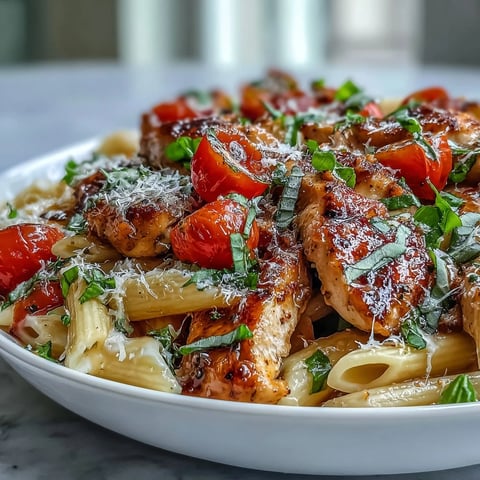 Golden-seared chicken, juicy cherry tomatoes, and fresh basil mingle with penne pasta and melted mozzarella in Bruschetta Chicken Pasta.