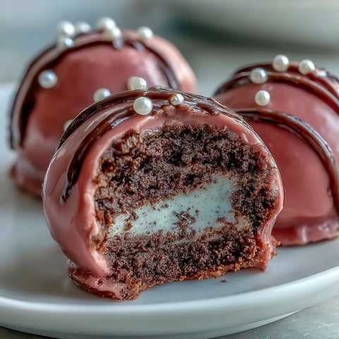 Glossy pink Oreo Truffle Balls coated in candy, topped with heart sprinkles on a white plate.