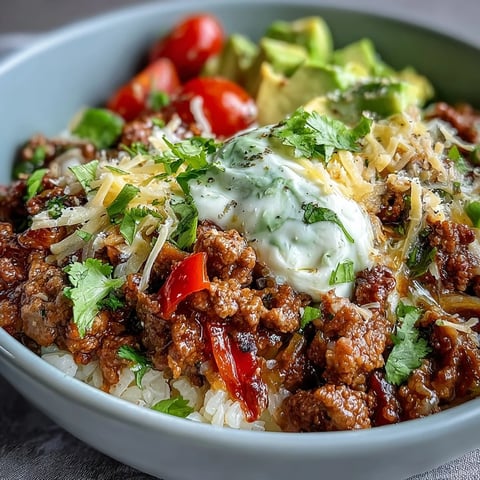 Low Carb Burrito Bowl with seasoned ground beef, cauliflower rice, crisp lettuce, and creamy avocado, finished with tangy lime wedges.
