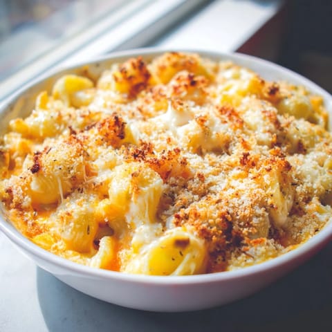 A close-up of cheesy, comforting Classic Oven-Baked Macaroni and Cheese with a crunchy breadcrumb crust.