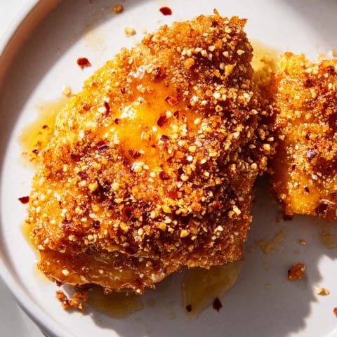 Close-up of juicy, pan-fried Hot Honey Crispy Chicken Thighs, a flavorful American dinner.