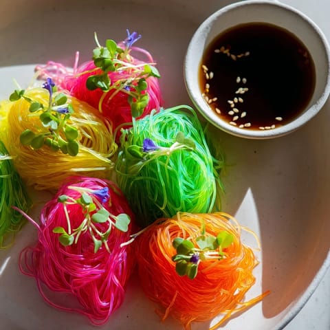 A beautiful close-up of neon noodle clouds, making for a colorful, refreshing appetizer.