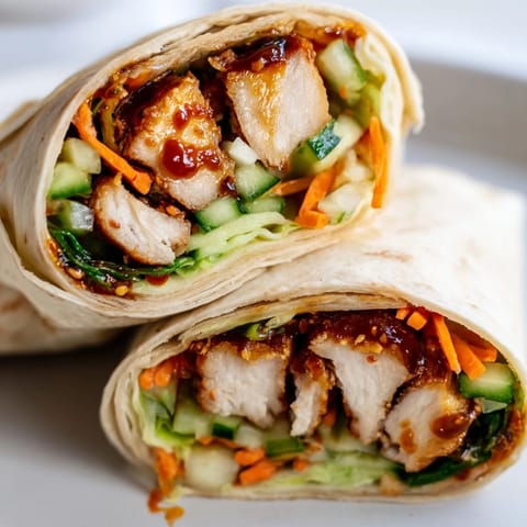 A toasted flour tortilla filled with Honey Chili Crunch Chicken Wrap and shredded carrots, drizzled with sweet-spicy sauce.