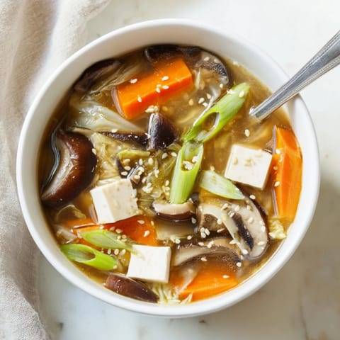A warm bowl of Ginger-Miso Winter Soup with sliced shiitake mushrooms and tender napa cabbage, garnished with scallions and sesame seeds for a cozy, nourishing meal.