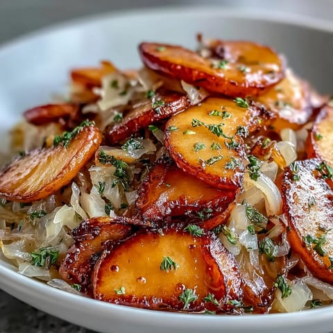 Warm Apple and Sauerkraut Skillet Salad with crisp apples, tangy sauerkraut, and parsley garnish on a wooden table.