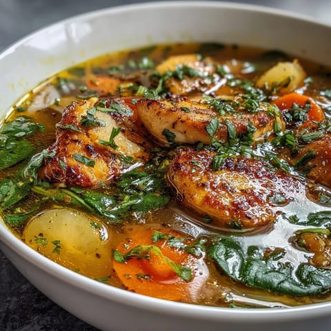 Golden Turmeric Chicken Soup simmering in a pot, with tender chicken, carrots, and wilted spinach in a fragrant, golden broth.