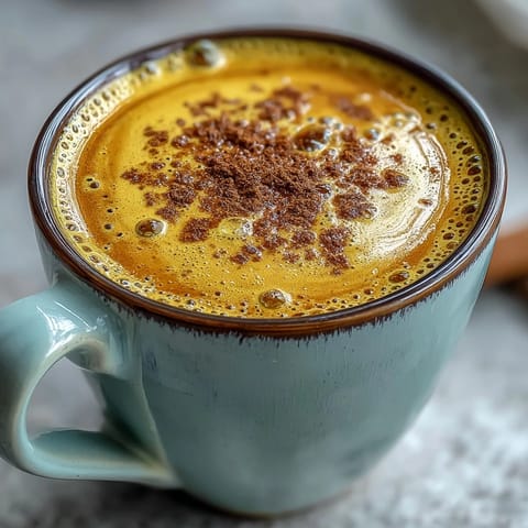 Creamy Turmeric and Ginger Golden Milk pours from a small saucepan, steam rising as a cinnamon stick stirs the golden beverage.
