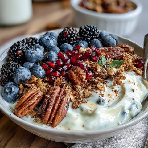 Spiced crunch granola clusters add texture to this cozy yogurt bowl with winter berries for breakfast.