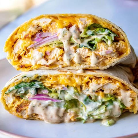 Two golden-brown Buffalo Ranch Chicken Wraps served on a white plate with fresh celery sticks and a small bowl of creamy ranch dipping sauce. 