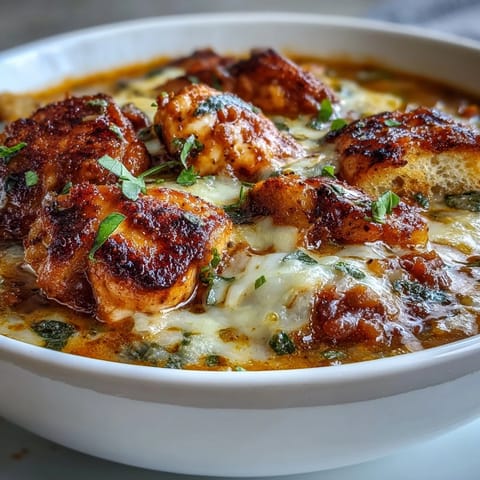 A comforting Italian-inspired soup bowl garnished with fresh basil and garlic croutons, perfect for cozy dinners.