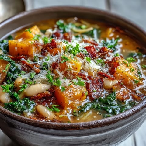 Hearty Fall Minestrone with ditalini pasta, kale, and creamy white beans served hot.