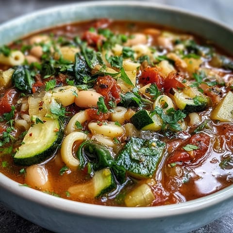 A close-up view of vibrant Minestrone Soup in a white bowl, garnished with parsley and a side of crusty bread.