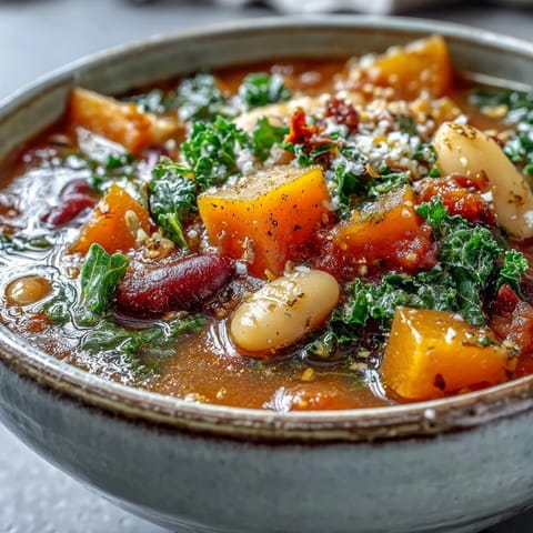 Winter Minestrone Soup with Butternut Squash and Kale served in a rustic bowl with a garnish of fresh parsley.