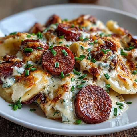 A hearty Crockpot Pierogi Casserole With Kielbasa ready to serve, garnished with fresh chives and a dollop of tangy sour cream.