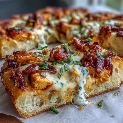 Freshly baked Buffalo Chicken Pizza topped with red onion and chopped chives, served on a wooden cutting board.
