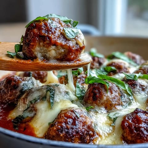 Savory gluten-free meatballs feature melted mozzarella and Parmesan, topped with fresh basil and extra cheese.
