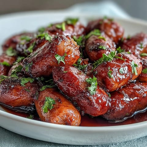 Tender, glazed Crock Pot BBQ Cocktail Sausage served warm with toothpicks on a platter for easy party grazing.