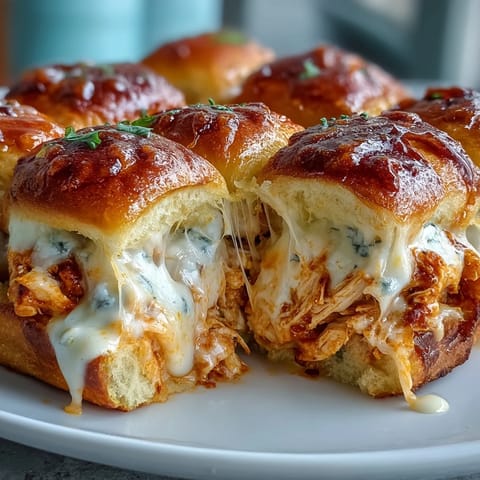 Baked slider buns brushed with garlic butter, revealing a gooey Buffalo chicken and ranch dip filling perfect for game day gatherings.
