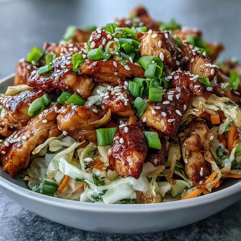 Heaps of tender chicken, shredded cabbage, and sweet carrots tossed in a tangy sauce, finished with scallions and sesame seeds.