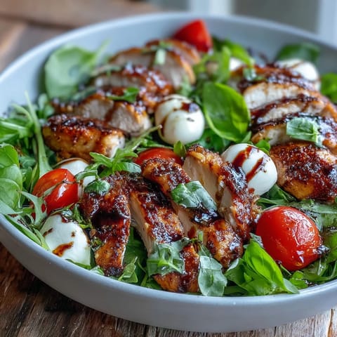 Tender grilled chicken topped with melted mozzarella and tomatoes in a Caprese Chicken Bowl, drizzled with balsamic reduction.
