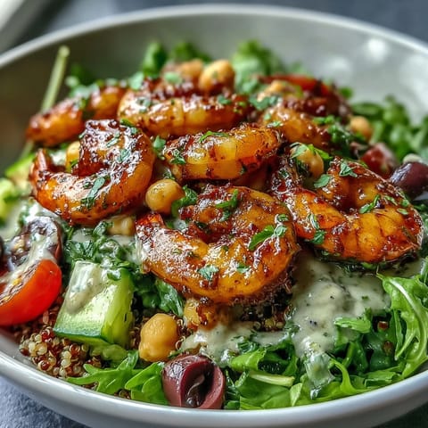 Succulent shrimp crowns this beautiful Mediterranean Shrimp Bowl with bright flavors.