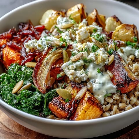 Steaming Hearty Winter Grain Bowl topped with roasted carrots, parsnips, and vibrant sautéed greens.