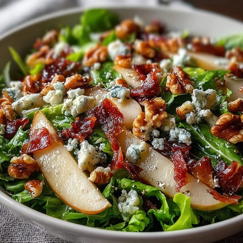 This Frisée Pear Blue Cheese Bowl features sweet pear slices, crumbled blue cheese, and golden crisped prosciutto, perfect for a light meal.
