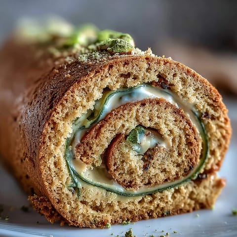 Inside view of a Hojicha Roll Cake with swirled hojicha cream and thin mango pieces, ready to be served.