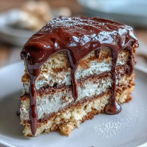 A slice of Hojicha Butter Cream Cake reveals moist sponge layers, roasted green tea buttercream, and glossy dark chocolate ganache drip.