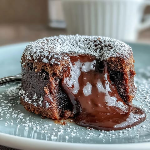 Freshly baked Hojicha Lava Cake reveals a rich, molten roasted tea ganache center on a white plate.