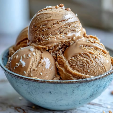 Creamy homemade Hojicha Ice Cream in a bowl, topped with toasted sesame seeds.