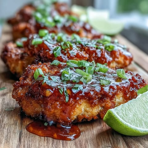 Close-up of tender Thai sweet chili chicken coated in glossy, tangy sauce, perfect for a quick weeknight dinner.  