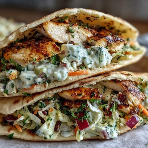 Juicy grilled chicken meets crisp, dill-flecked slaw inside a soft pita for a vibrant, handheld meal.