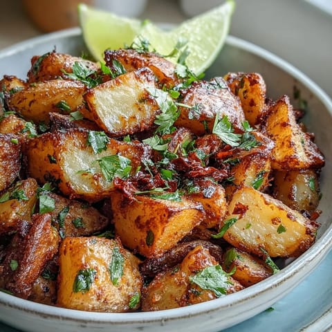 Golden, crispy potatoes coated in a smoky, spicy Mexican-style street sauce, garnished with fresh cilantro and a lime wedge.