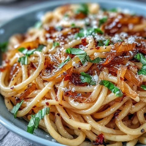 A close-up of Caramelized Onion Pasta topped with melted Parmesan and a sprinkle of red chili flakes.  