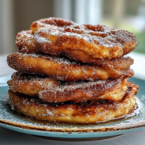 Fluffy Spanish Churro-Inspired Pancakes with crispy edges served on a cozy breakfast plate with toppings.