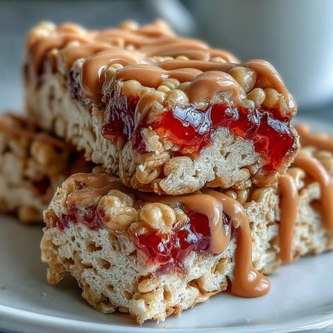 Glistening High-Protein PB&J Rice Krispie Bars with a rich peanut butter drizzle and vibrant strawberry jelly swirls, ready to serve.