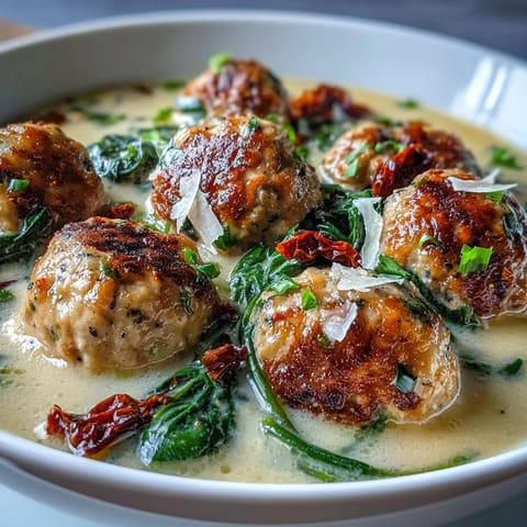 A spoon dipping into Creamy Tuscan Turkey Meatball Soup reveals tender turkey meatballs and wilted spinach.