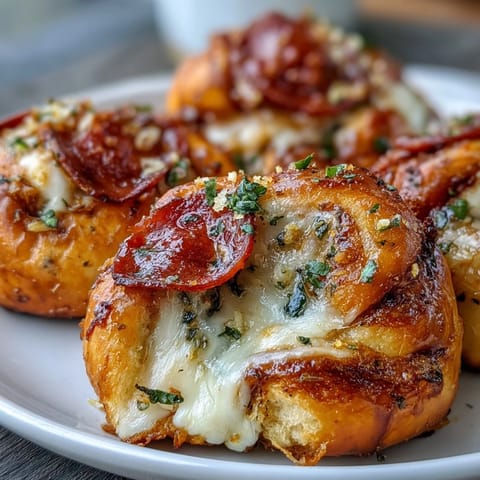 Golden-brown Pizza Roll Stuffed Garlic Knots served warm beside a small bowl of rich marinara for dipping.